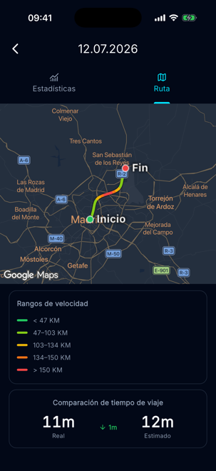 Ruta coloreada según la velocidad